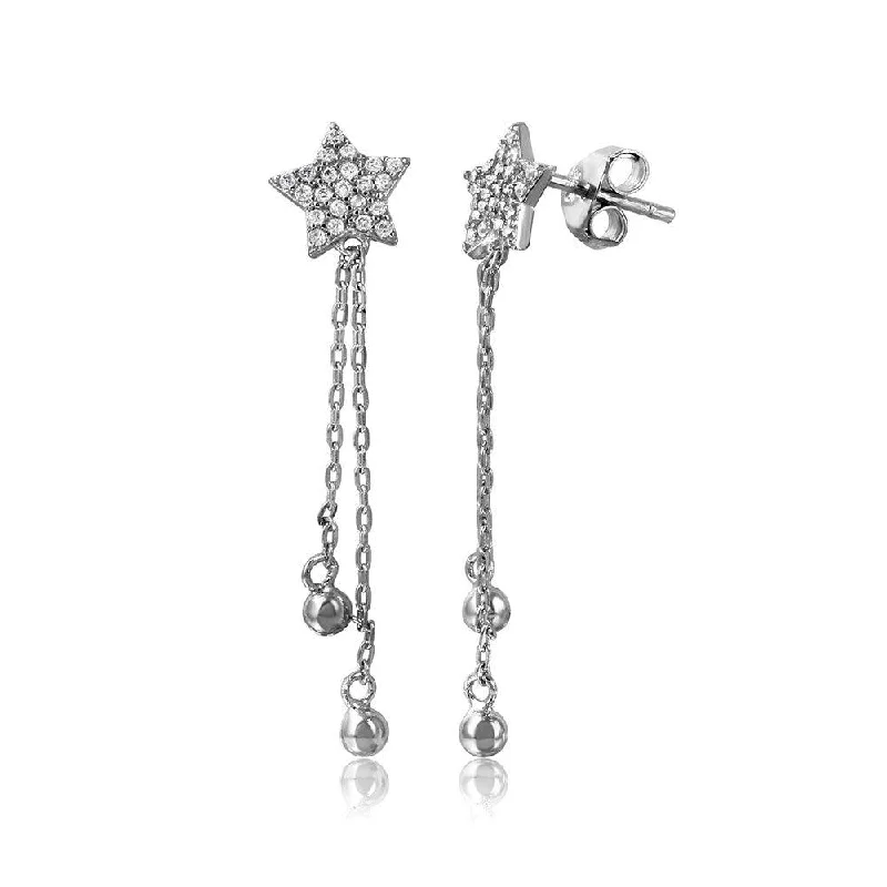 Ladies earrings Christmas gift designs-Silver 925 Rhodium Plated CZ Star with Hanging Strands Earrings - STE01060