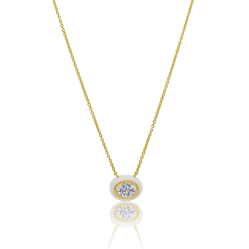 ladies necklace lariat custom-Gold and White Enamel Bezel Set Oval White Topaz Necklace