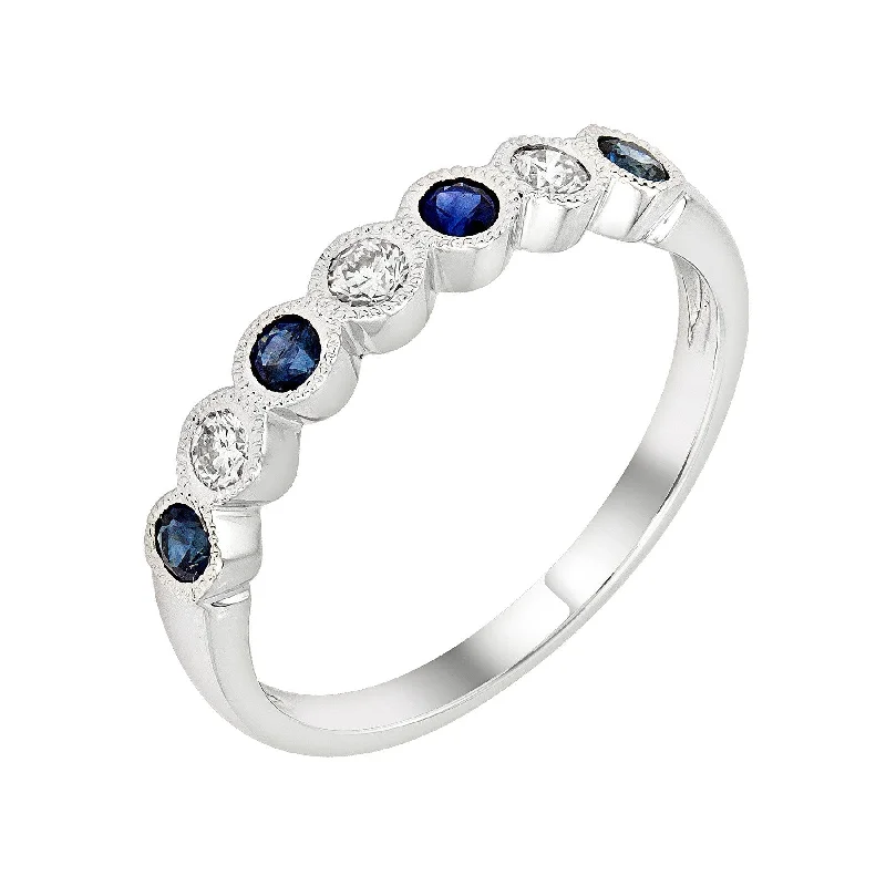 Ladies rings romantic era designs-14k White Gold Blue Sapphire & Diamond Wedding Anniversary Band