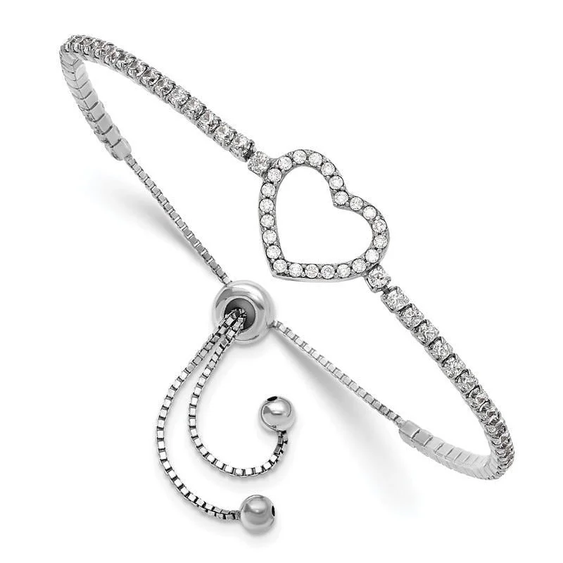 ladies bracelet initial cluster-Sterling Silver Rhodium-plated CZ Heart Adjustable Bracelet