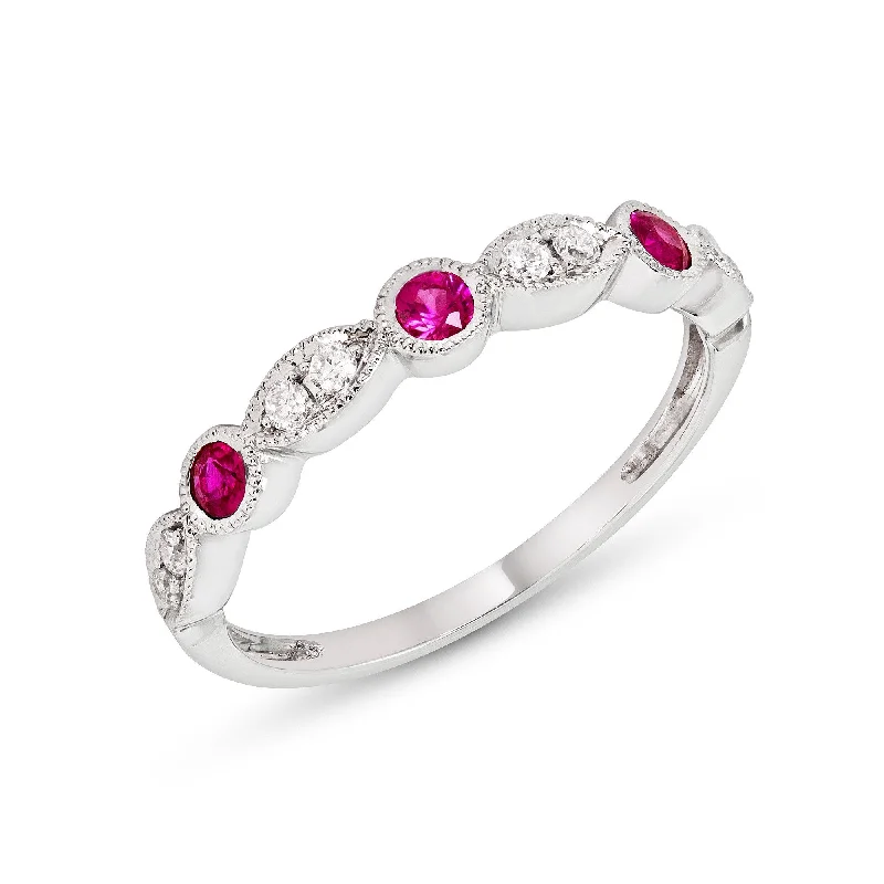 Ladies rings cubist style designs-14k White or Yellow Gold Ruby & Diamond Anniversary Band