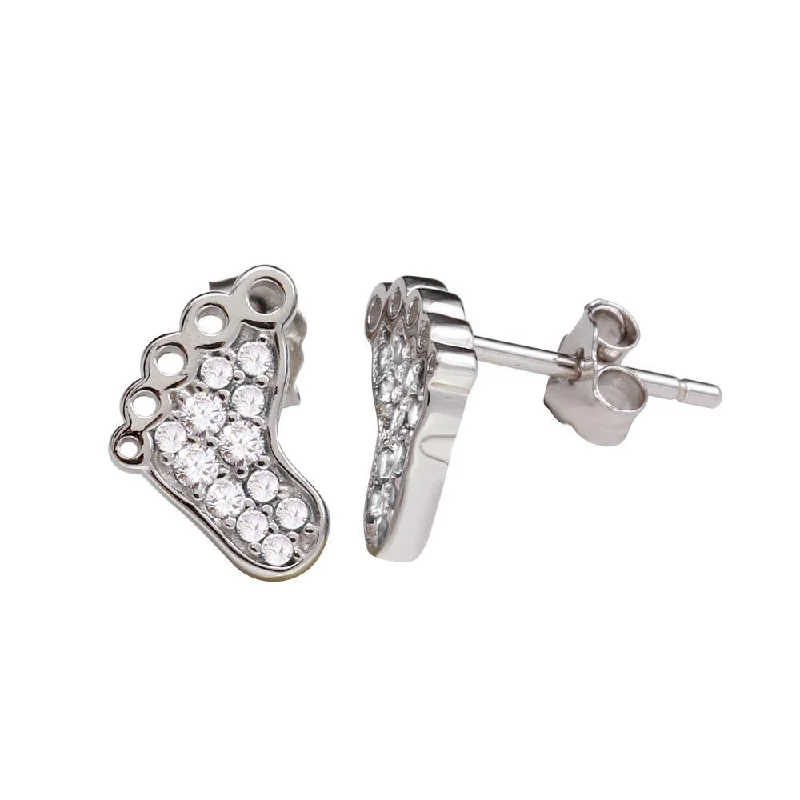 Ladies earrings mixed material earrings-Rhodium Plated 925 Sterling Silver Foot Earrings with Clear CZ - STE01157RH