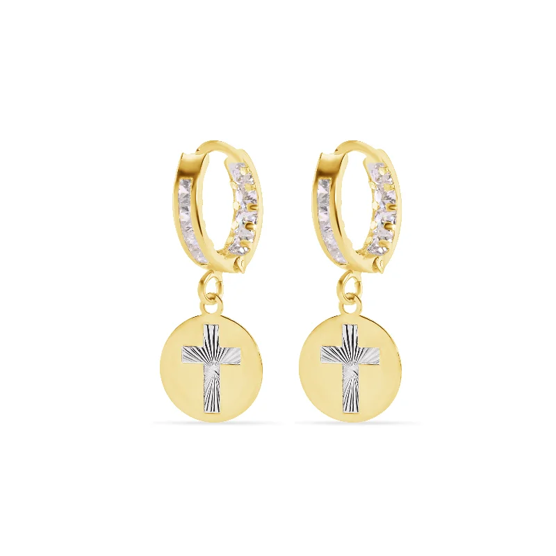 Ladies earrings summer vibe earrings-14E00454. - 14 Karat Yellow Gold 11.5mm Hoop Studded Clear CZ Diamond Cut Cross Latch Box Earrings