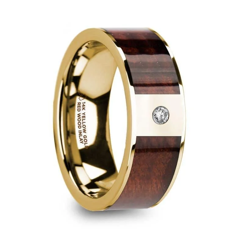 Ladies rings creative artistic styles-Thorsten PHOCAS 14k Yellow Gold Men’s Polished Wedding Band with Red Wood Inlay & Diamond - 8mm