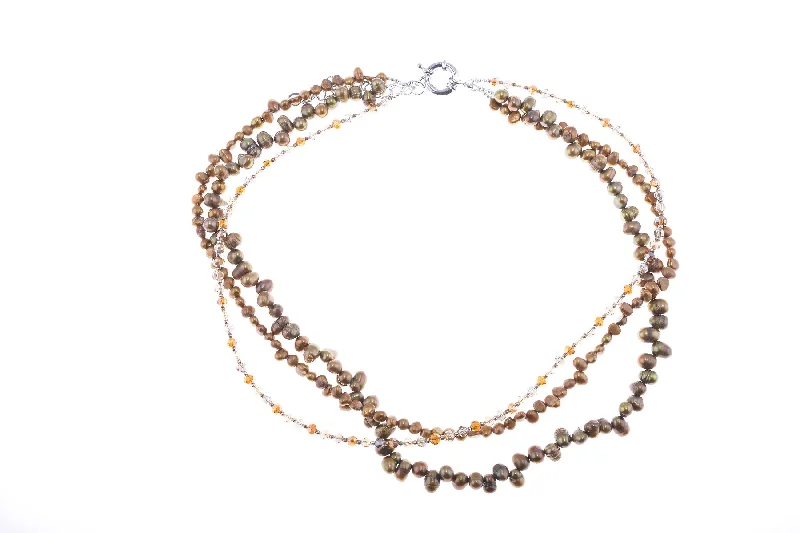 ladies necklace lariat hammered-Gold Pearl & Crystal Necklace