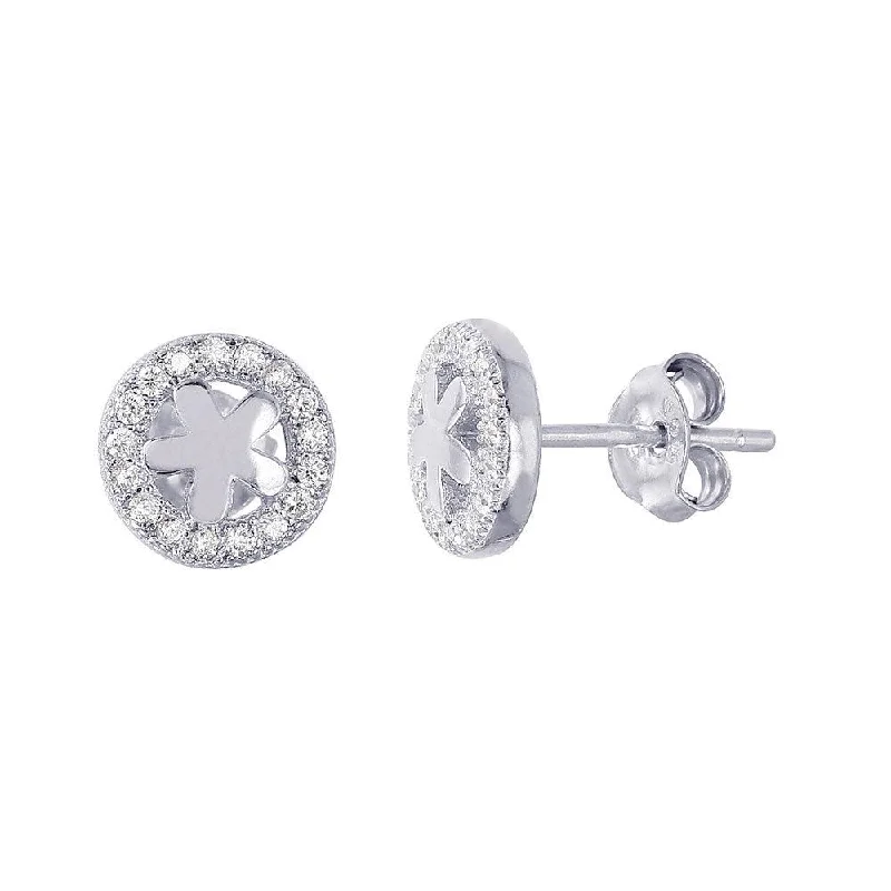 Ladies earrings wide hoop designs-Silver 925 Rhodium Plated Flower Halo CZ Earrings - STE01018