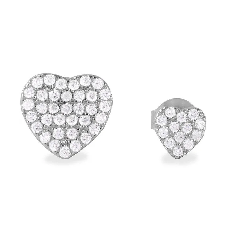 Ladies earrings jewelry care tips-Silver 925 Rhodium Plated CZ Encrusted Small and Large Heart Earrings - BGE00482