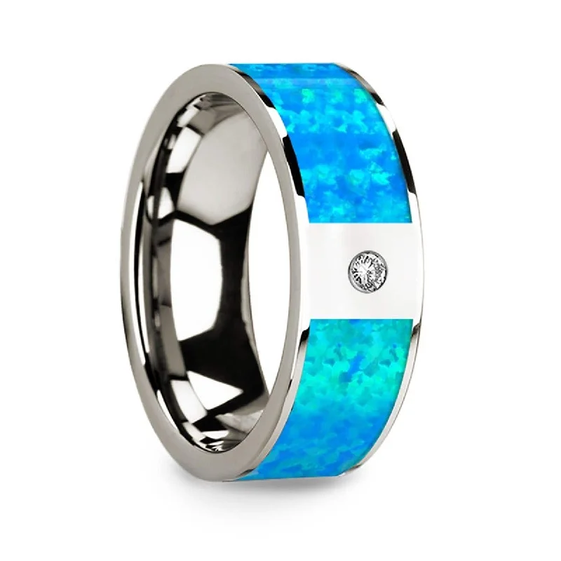 Ladies rings animal-inspired themes-Thorsten Flat 14k White Gold with Blue Opal Inlay & White Diamond Setting - 8mm