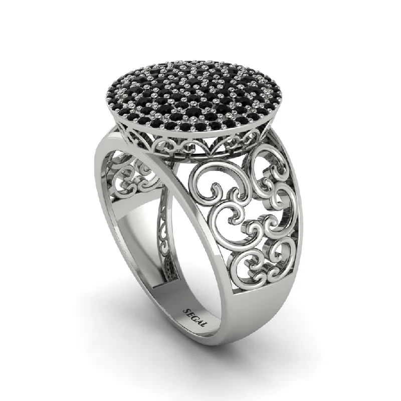 Ladies engagement rings fashion trends-Black Diamond Signet Filigree Pave Engagement Ring - Rylie No. 9