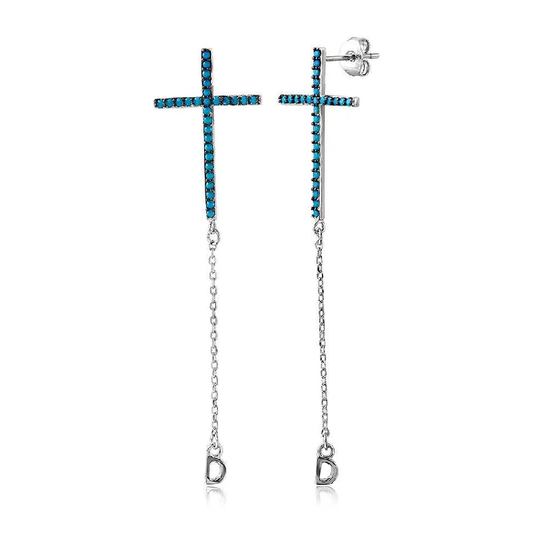 Ladies earrings ethnic pattern designs-Silver 925 Rhodium Cross Earrings Encrusted with Synthetic Turquoise - STE01046