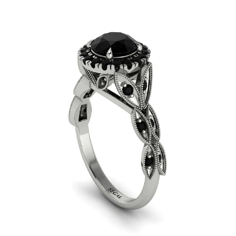 Ladies engagement rings eco-friendly-Black Diamond Halo Nature Inspired Leaf Engagement Ring - Alessandra No. 39