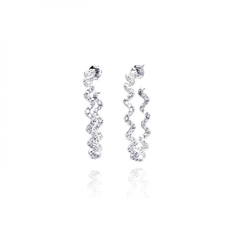 Ladies earrings Independence Day designs-Rhodium Plated 925 Sterling Silver Zigzag CZ Hoop Earring - STE00533