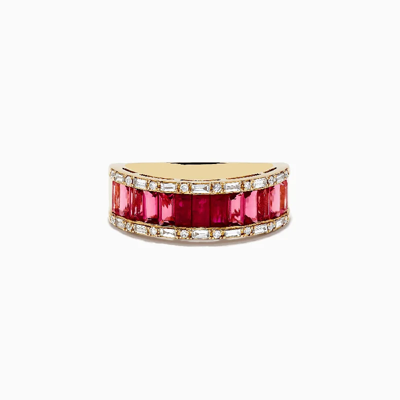 Ladies rings party wear glamour-14k Yellow Gold Baguette Cut Ruby and Pink Tourmaline Band