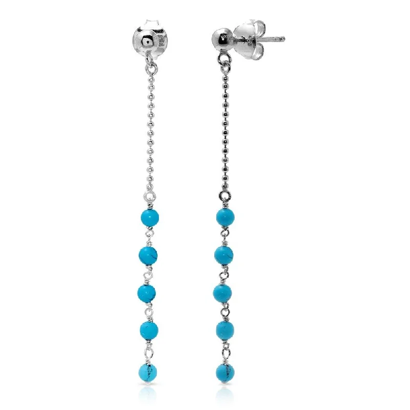 Ladies earrings Thai intricate styles-Rhodium Plated 925 Sterling Silver Bead Chain with Dropped Turquoise Bead Earrings - DIE00007RH