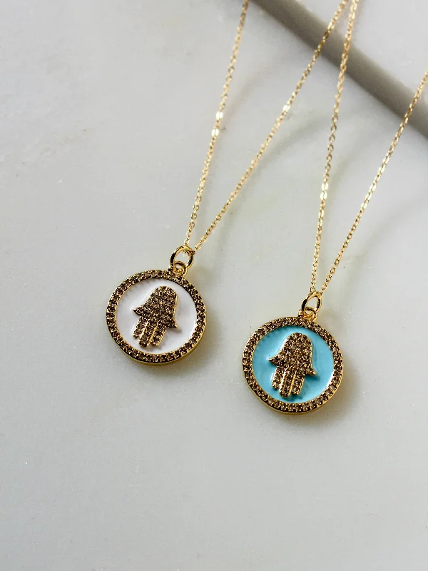 ladies necklace premium initial-Enamel Hamsa Coin Necklace