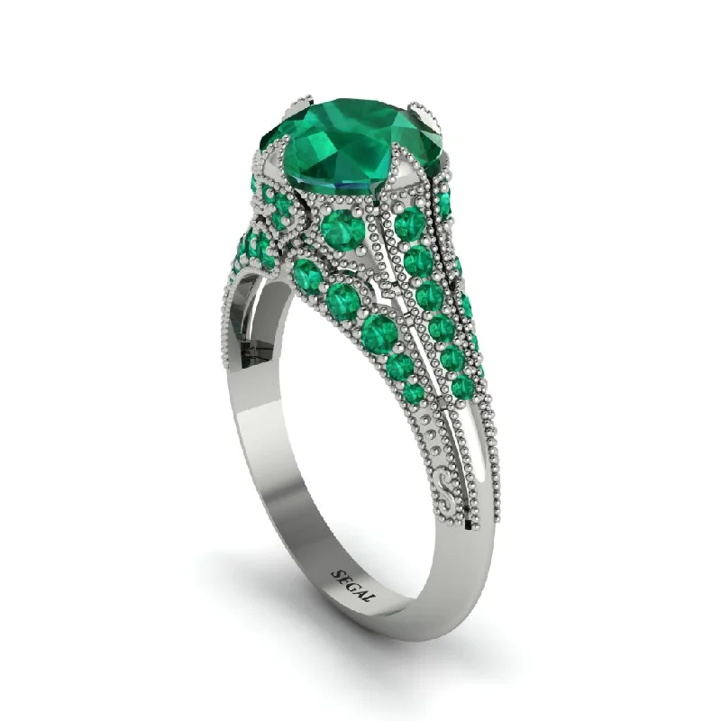 Ladies engagement rings floral diamond bands-Emerald Vintage Crown Engagement Ring - Talia No. 21