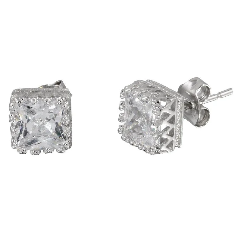 Ladies earrings dramatic flair earrings-Rhodium Plated 925 Sterling Silver Square Solitaire CZ Earrings - STE01088