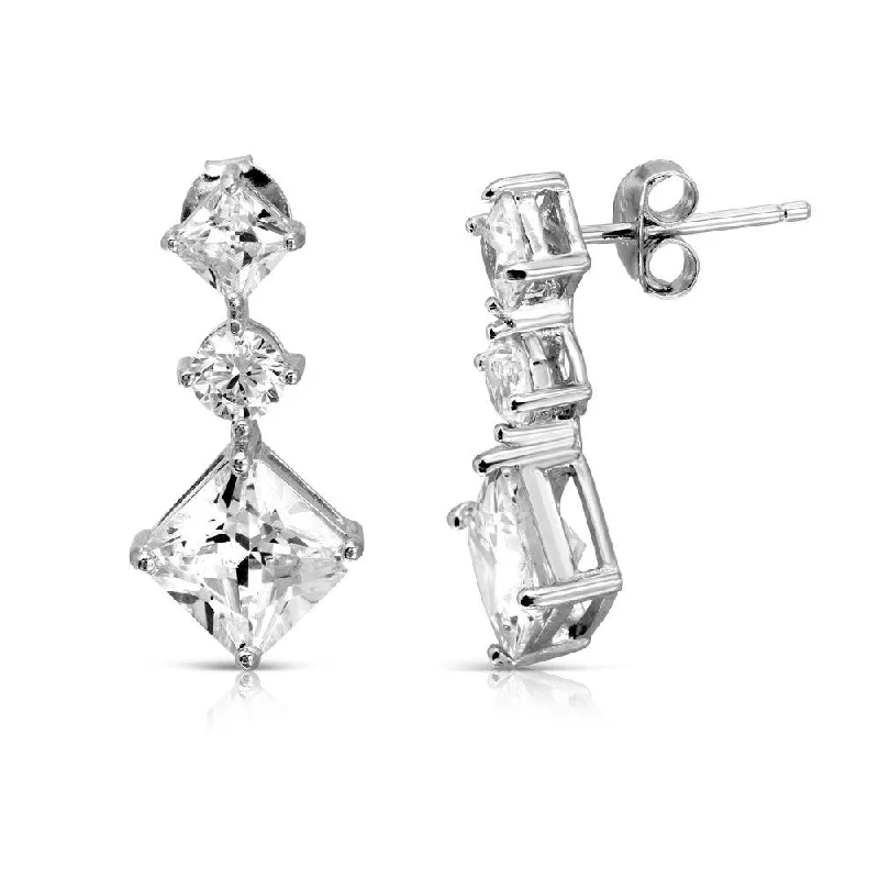 Ladies earrings resin accent styles-Rhodium Plated 925 Sterling Silver Dropped Square and Round CZ Earrings - BGE00516