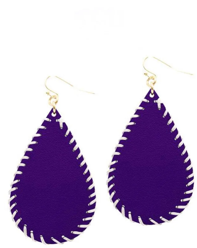 Ladies earrings autumn tone styles-College Football Leather Sport Earrings (drop) Purple and White