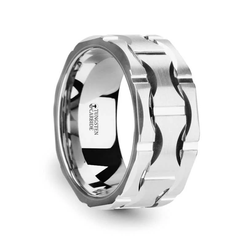 Ladies rings yellow diamond rings-Thorsten KANYE Tungsten Carbide Wedding Band with Moon Grooves and Brushed Finish - 10mm