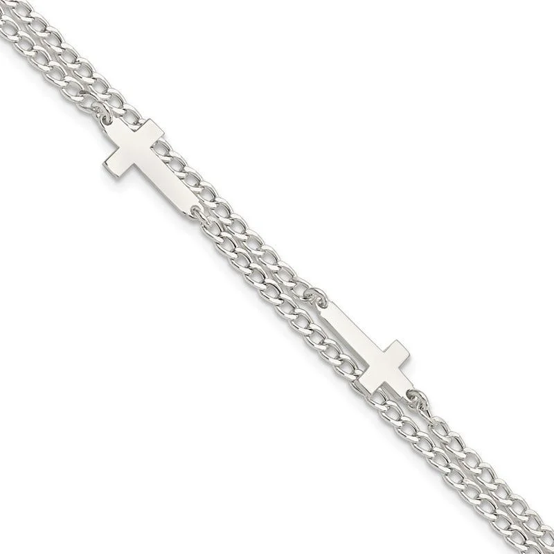 ladies bracelet high-end multi-stone-Sterling Silver Double Cross 2-Strand w/1in ext Bracelet