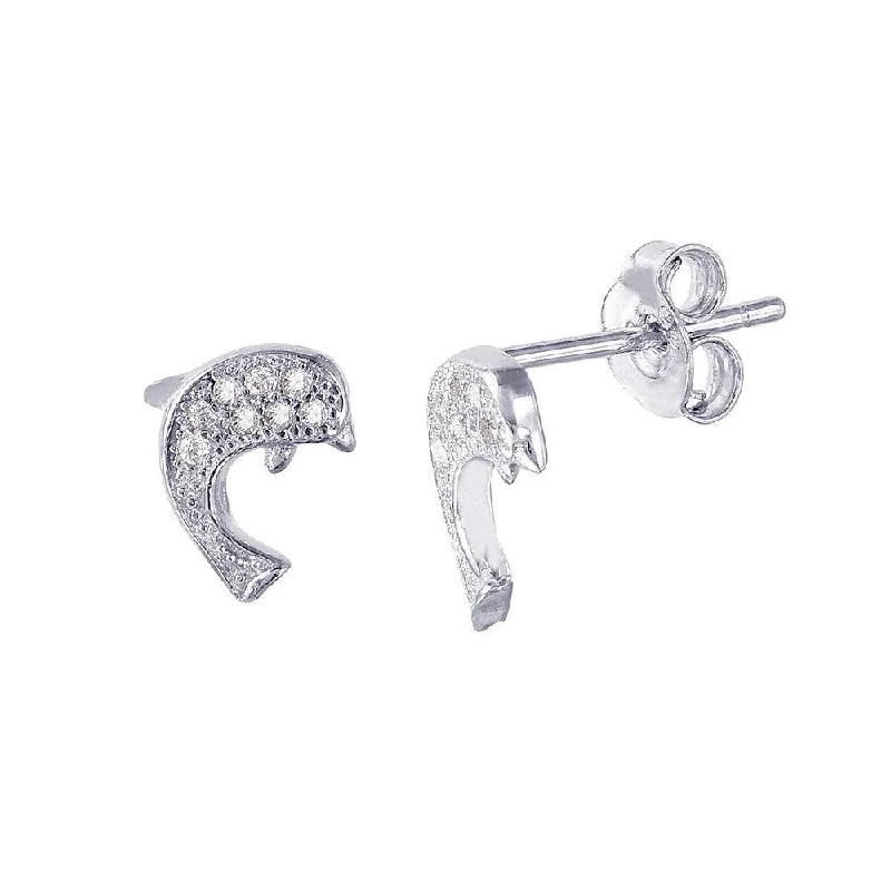 Ladies earrings promise earring options-Silver 925 Rhodium Plated Dolphin CZ Earrings - STE01017