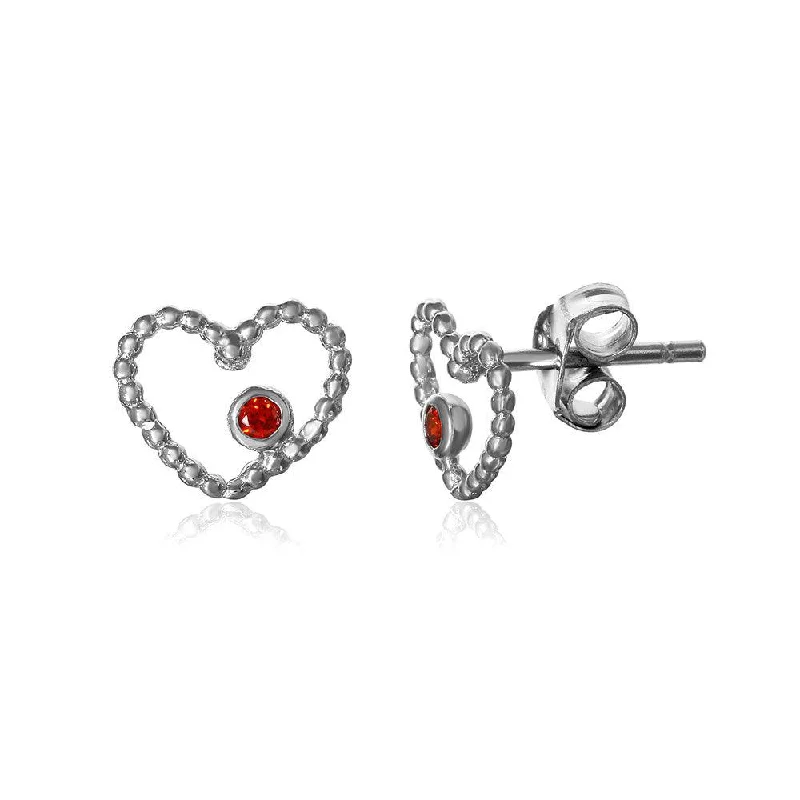 Ladies earrings famous designer labels-Silver 925 Rhodium Plated Open Heart with Red CZ Earrings - STE01062