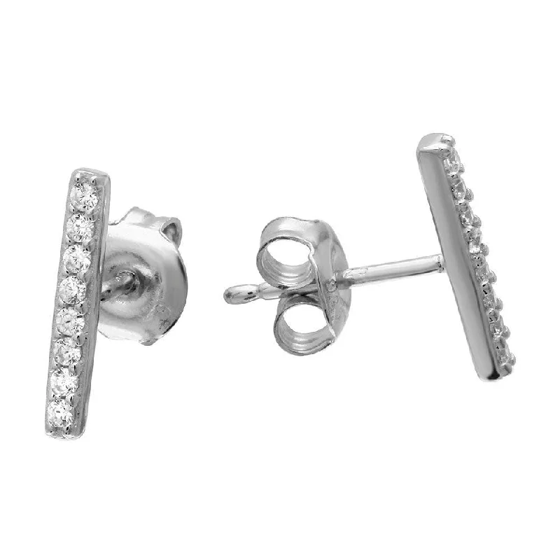 Ladies earrings latest fashion trends-Silver 925 Rhodium Plated CZ Bar Earrings - GME00076