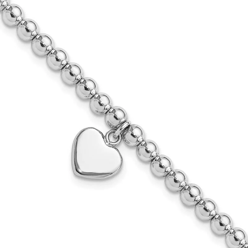 ladies bracelet zodiac multi-stone-Sterling Silver Rhodium-plated 4mm Beaded Dangle Heart 7.5in Bracelet