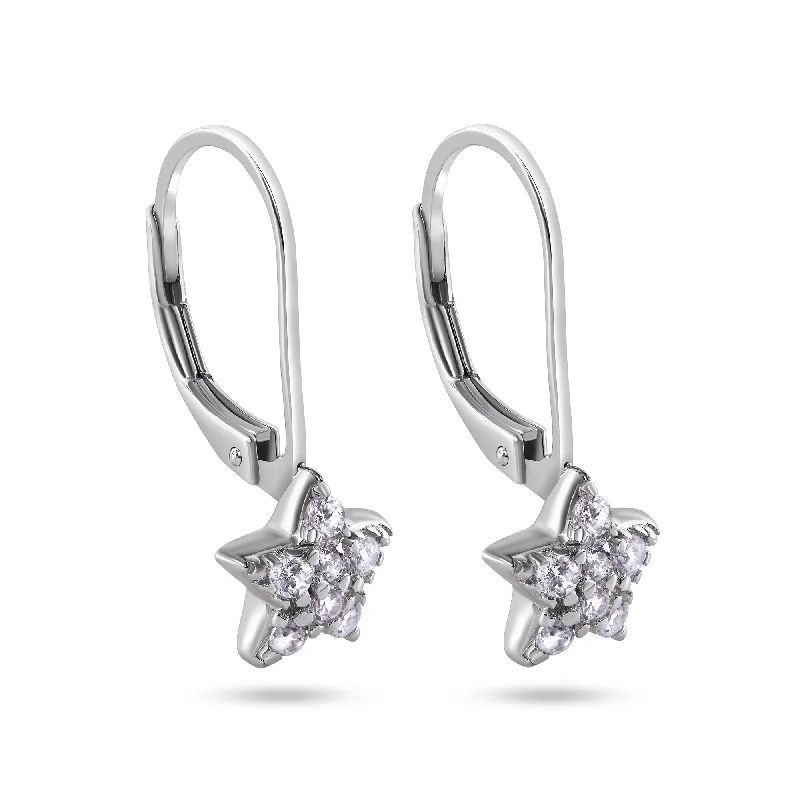 Ladies earrings everyday glamour styles-Silver 925 Rhodium Plated Star CZ Hoop Earrings - STE00626