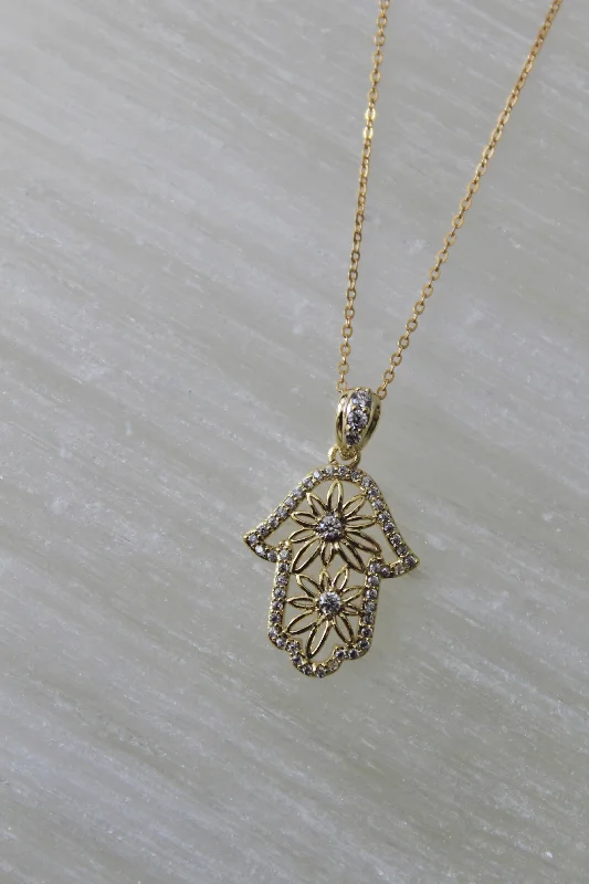 ladies necklace yellow topaz shell-Floral Hamsa Necklace