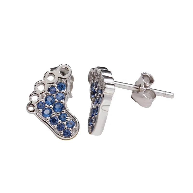 Ladies earrings polished gemstone designs-Rhodium Plated 925 Sterling Silver Foot Earrings with Blue CZ - STE01157BLUE